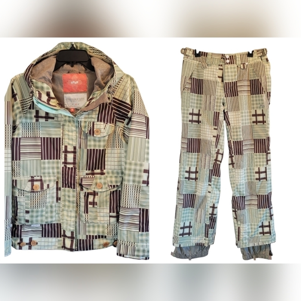 Y2K Foursquare Green Brown 2-piece Snowboarding Coat And Pants Set